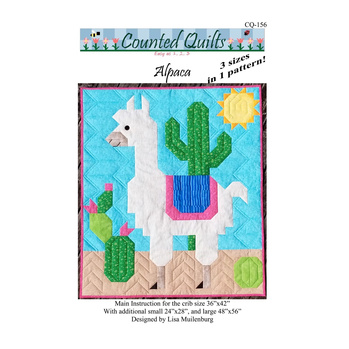 Quilt pattern cover featuring a llama and cacti design with 'Counted Quilts' branding.