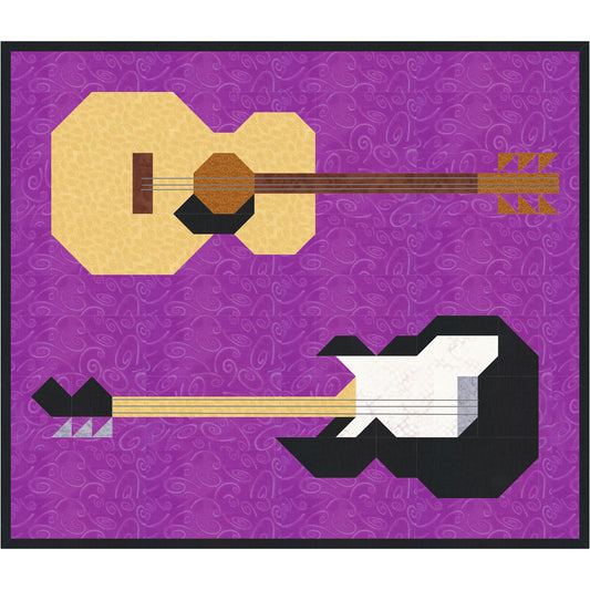 Quilt features two guitars laying on their side.  The top is a traditional guitar and the bottom is an electric guitar. 