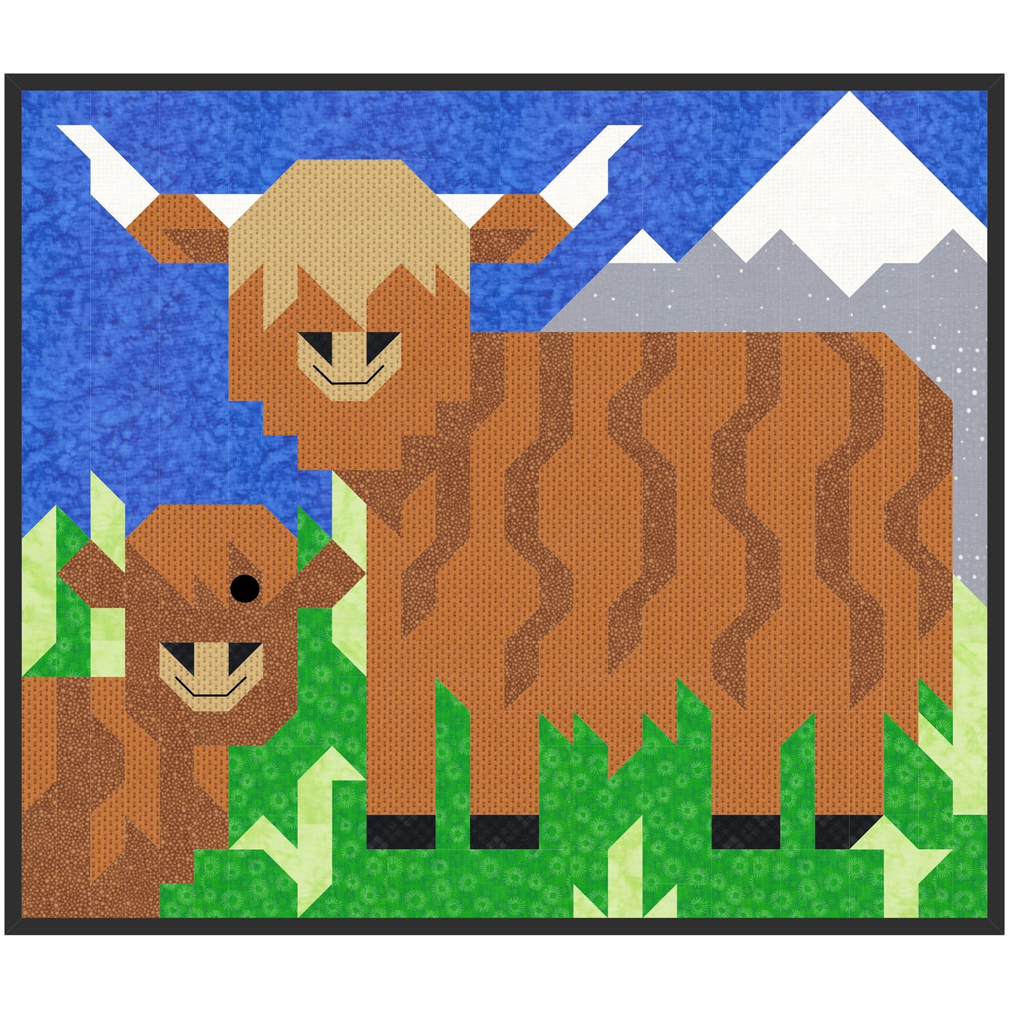 Happy highland cow quilt features one big cow with a smile and a smaller one in front on a grassy field with a mountain in the background.