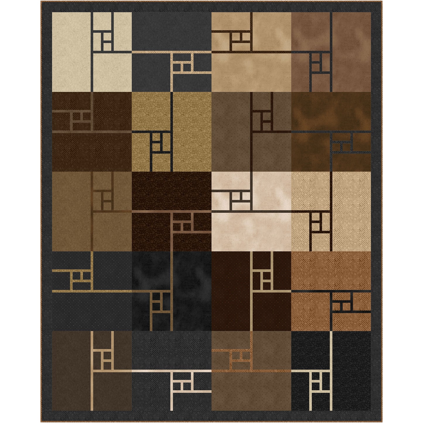 Beautiful quilt features blocks of brown fabric, broken up with some lines and rectangles in different shades of brown.