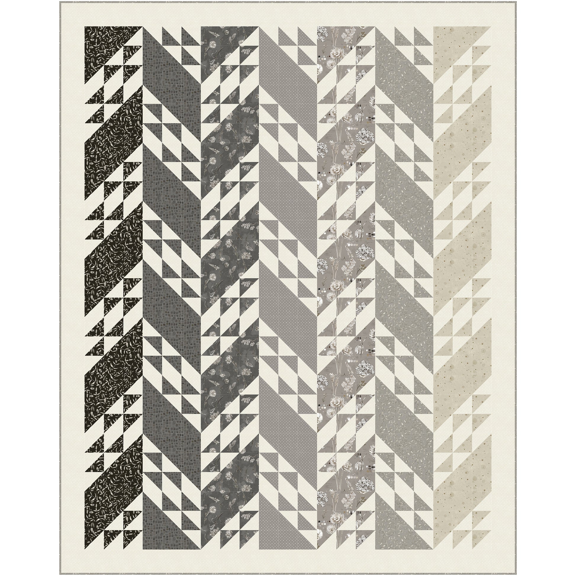 Quilt features rows of solid slanted rectangles and ones filled with triangles.  The left rows are darker than the ones on the right.
