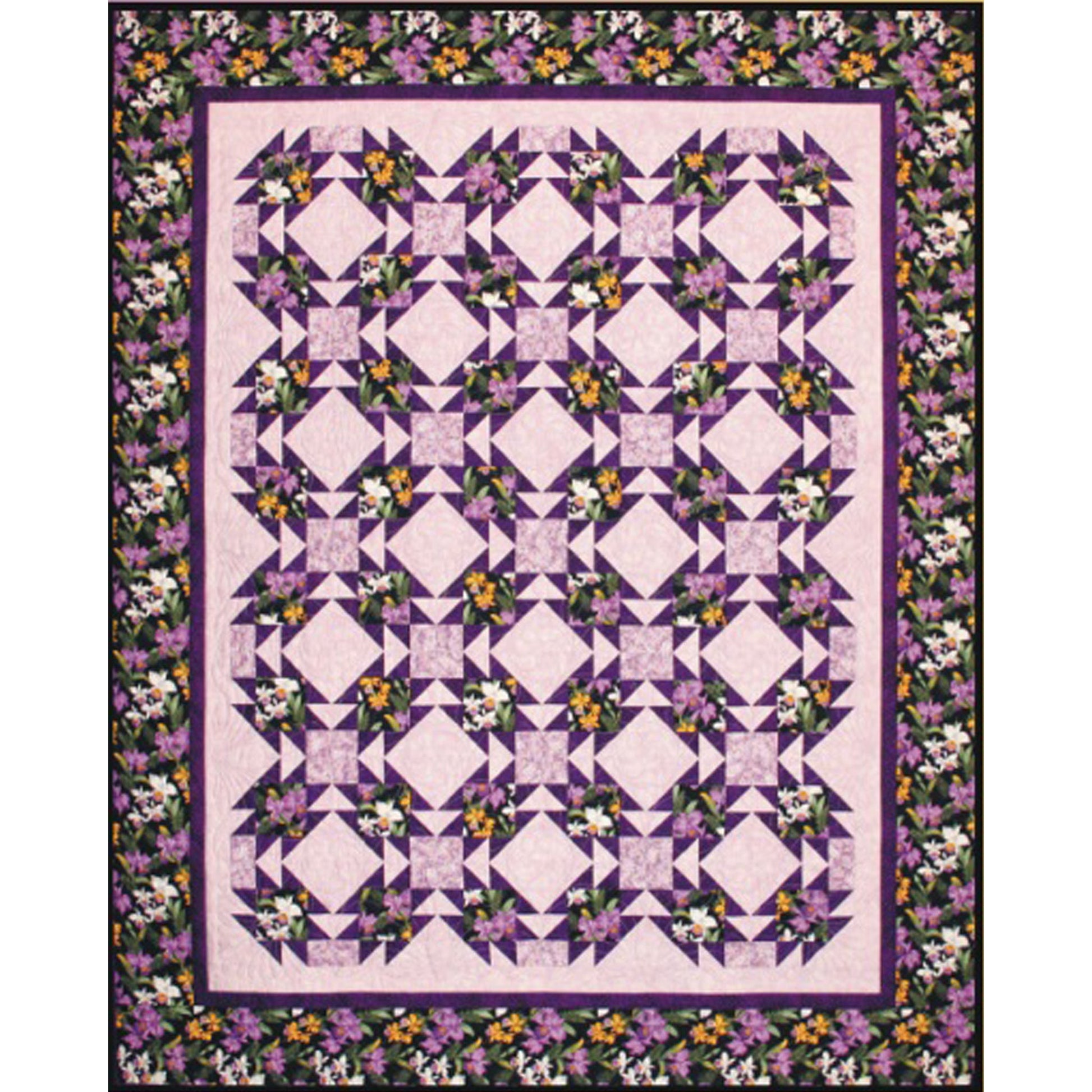 Totally Puzzled Quilt is a fun quilt in purple floral fabric with stars made from what could be described as puzzle pieces to make them.  Lots to look at between those puzzle-like pieces and the larger stars they turn into or the diamond shapes they also create.