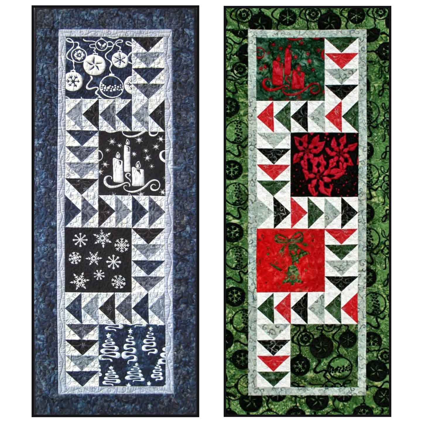 Two beautiful table runners show how you can take one pattern and have different looks. On the left is blue and white with ornaments fabric, candle fabric, snowflakes and decorative looking trees. The right runner is in Christmas colors of red, white and green. This one features candles, bells, poinsettias, and ornaments. Both patterns feature flying geese element between the larger prints. 