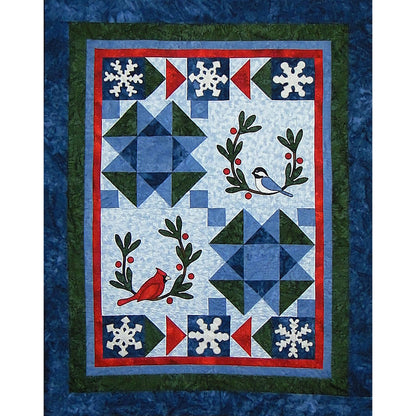 Adorable winter-themed quilt features snowflakes and branches of a cardinal and a chickadee.
