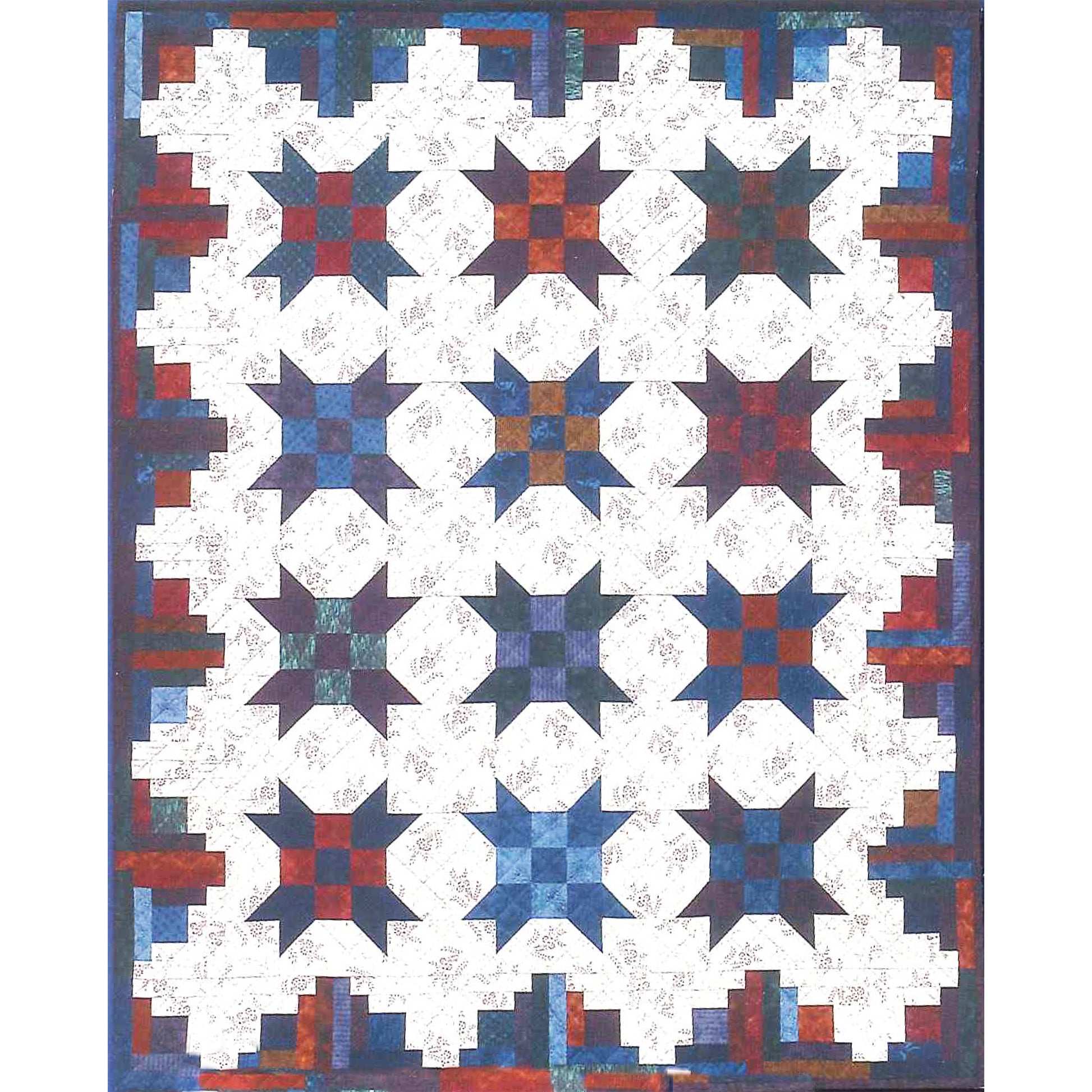 Homesteader's Daughters quilt by Debbie's Creative Moments with star pattern in red, blue, and white on a white background.