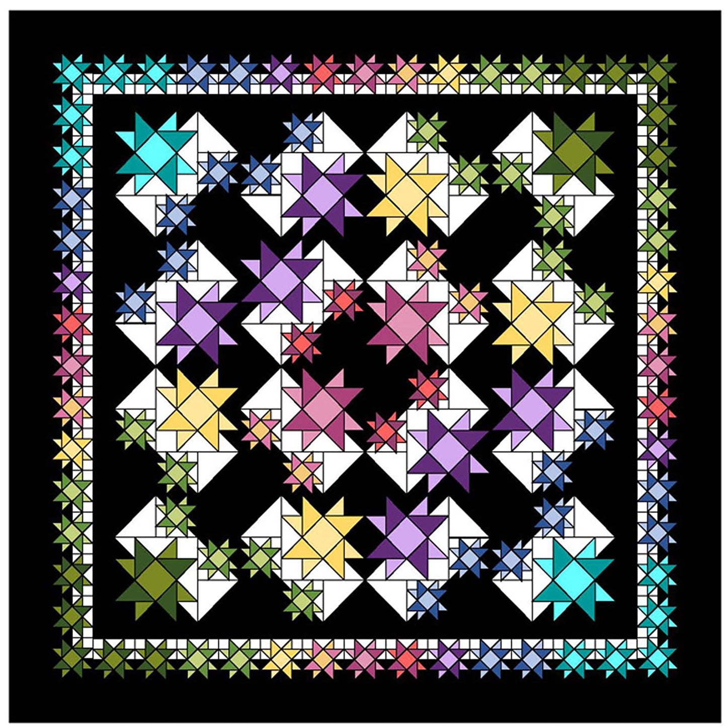 Colorful star quilt pattern on a black background