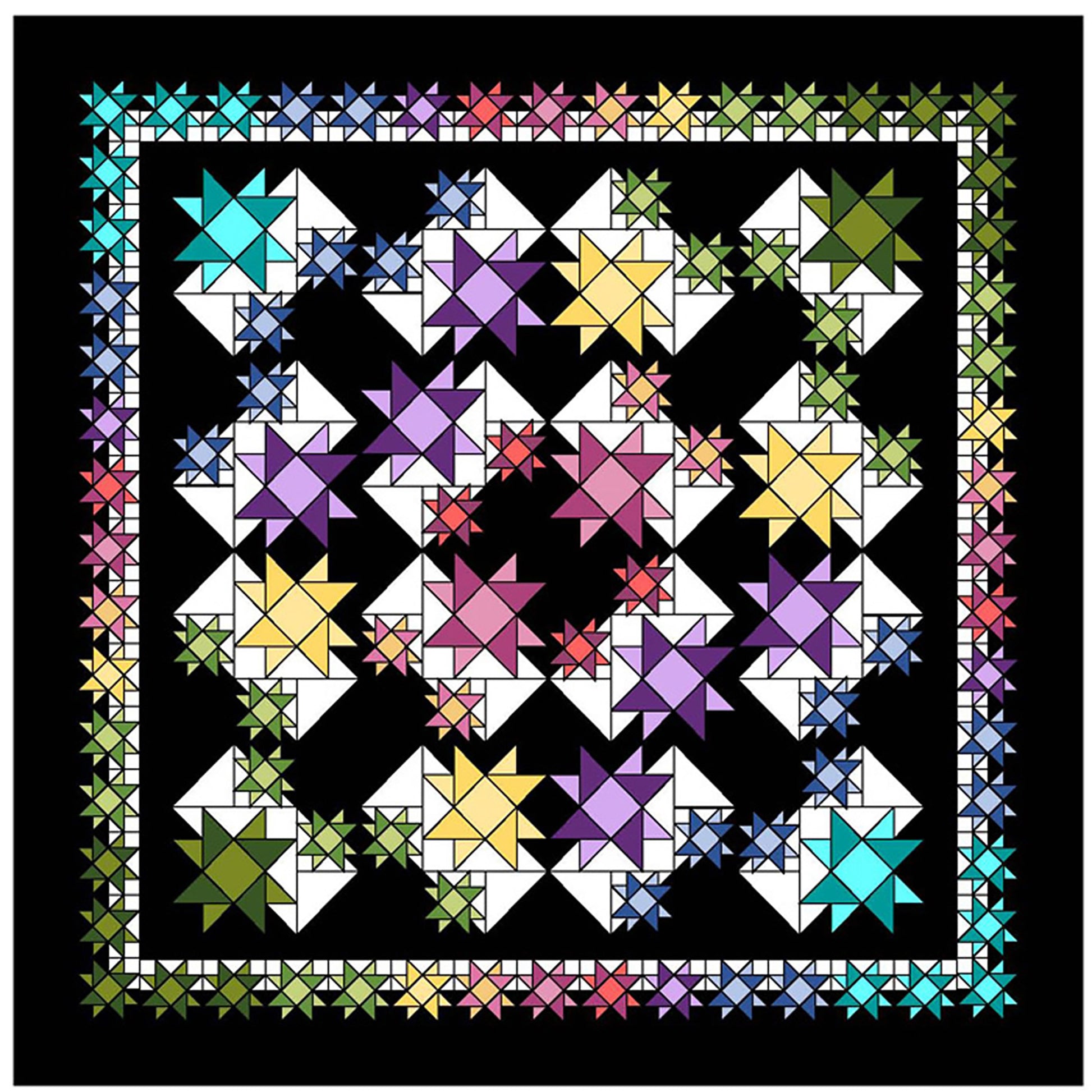 Colorful star quilt pattern on a black background
