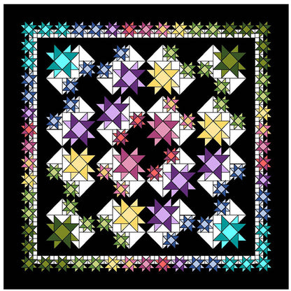 Colorful star quilt pattern on a black background