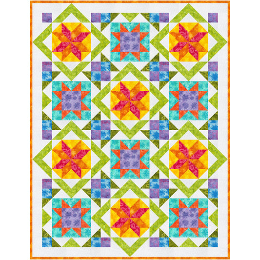 A vibrant quilt featuring orange, green, and yellow flowers arranged in a colorful pattern.