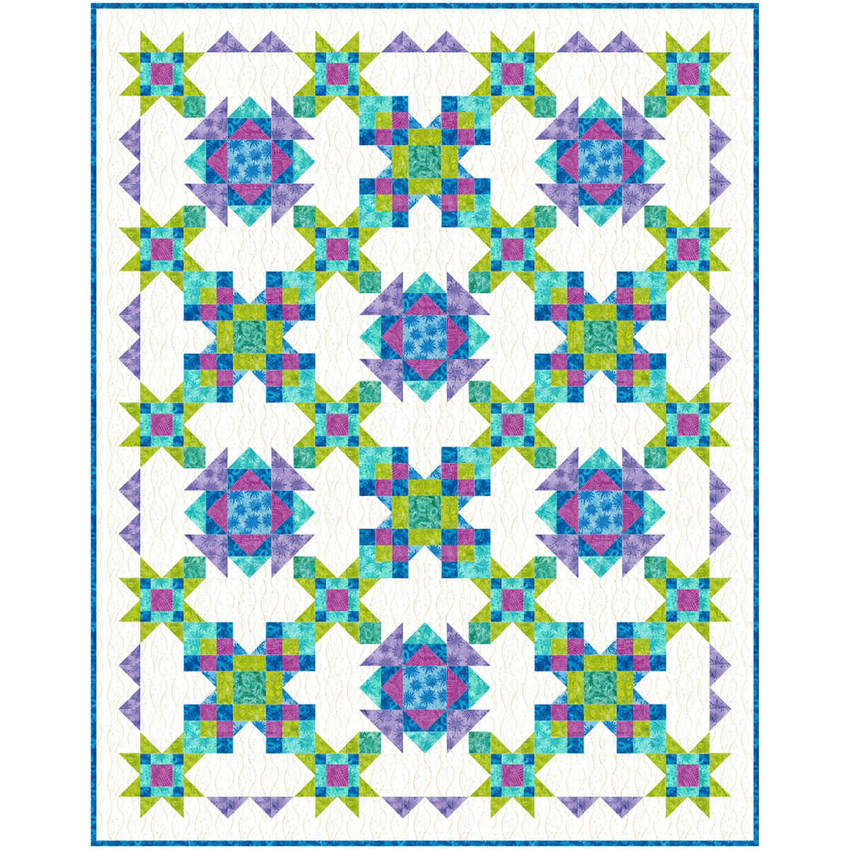This quilt features an intricate, interlocking geometric design with a vibrant "cool-toned jewel" color palette set against a crisp white background.