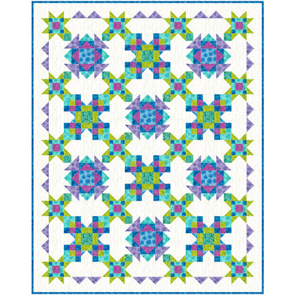 This quilt features an intricate, interlocking geometric design with a vibrant "cool-toned jewel" color palette set against a crisp white background.