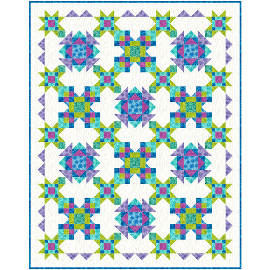This quilt features an intricate, interlocking geometric design with a vibrant "cool-toned jewel" color palette set against a crisp white background.
