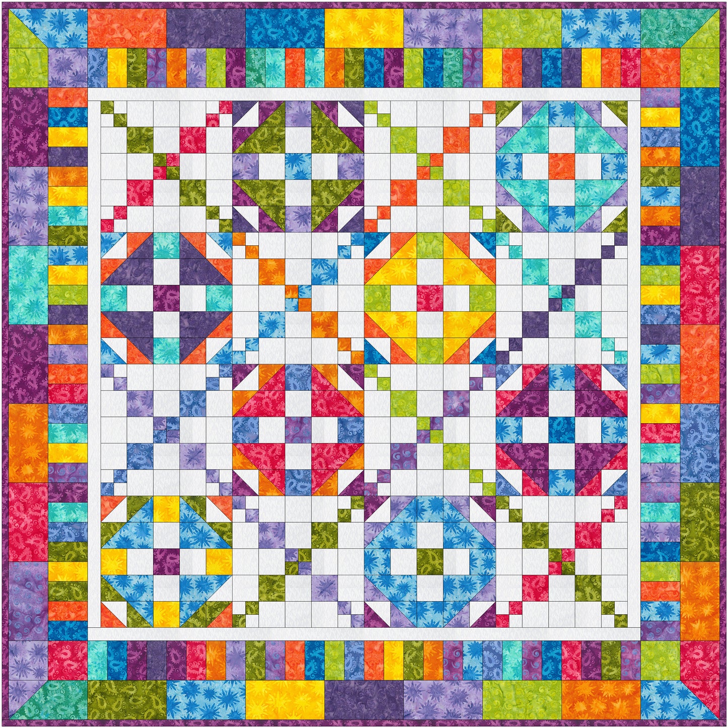 Fun, and colorful quilt features two different blocks in a pattern of four by four.  One block is an X and the other a snowball diamond.