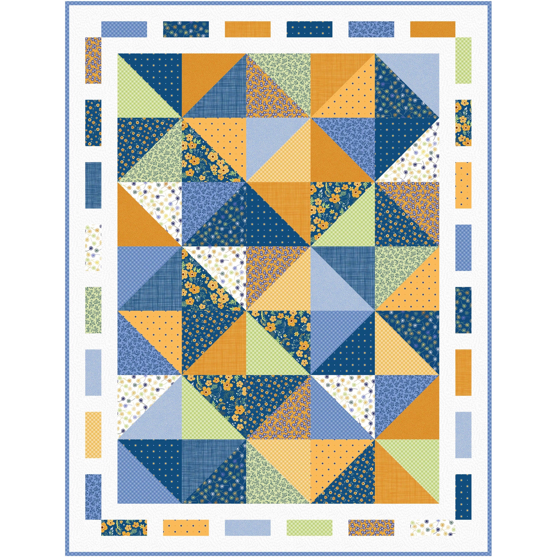 Fun quilt is a mosaic using half square triangles. Pretty with bright colors and some fabrics with floral prints.