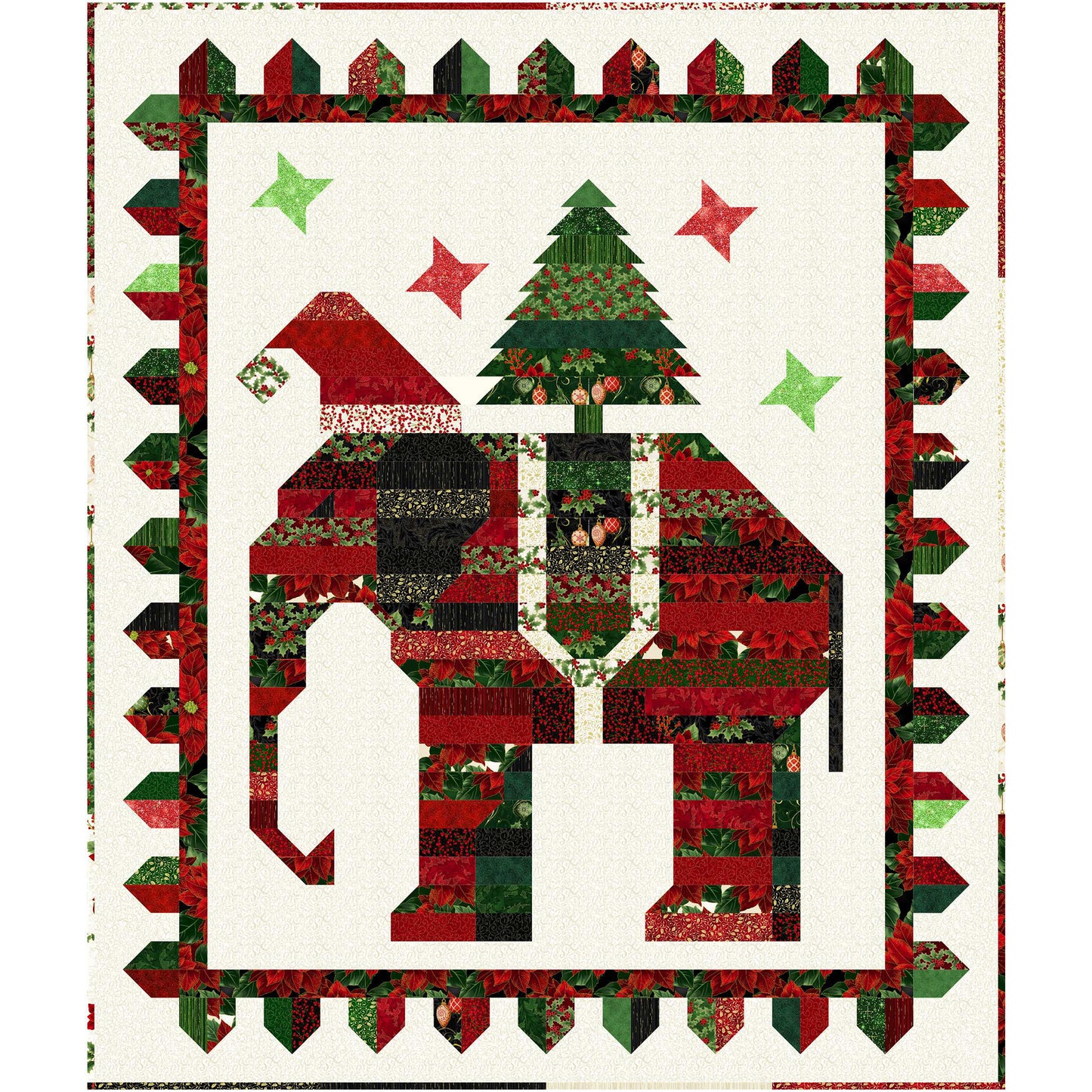 Poppa Elli is such a fun and festive quilt  featuring a Christmas striped elephant with a Santa hat and a festive tree on his back. The border is also Christmas fabric. 