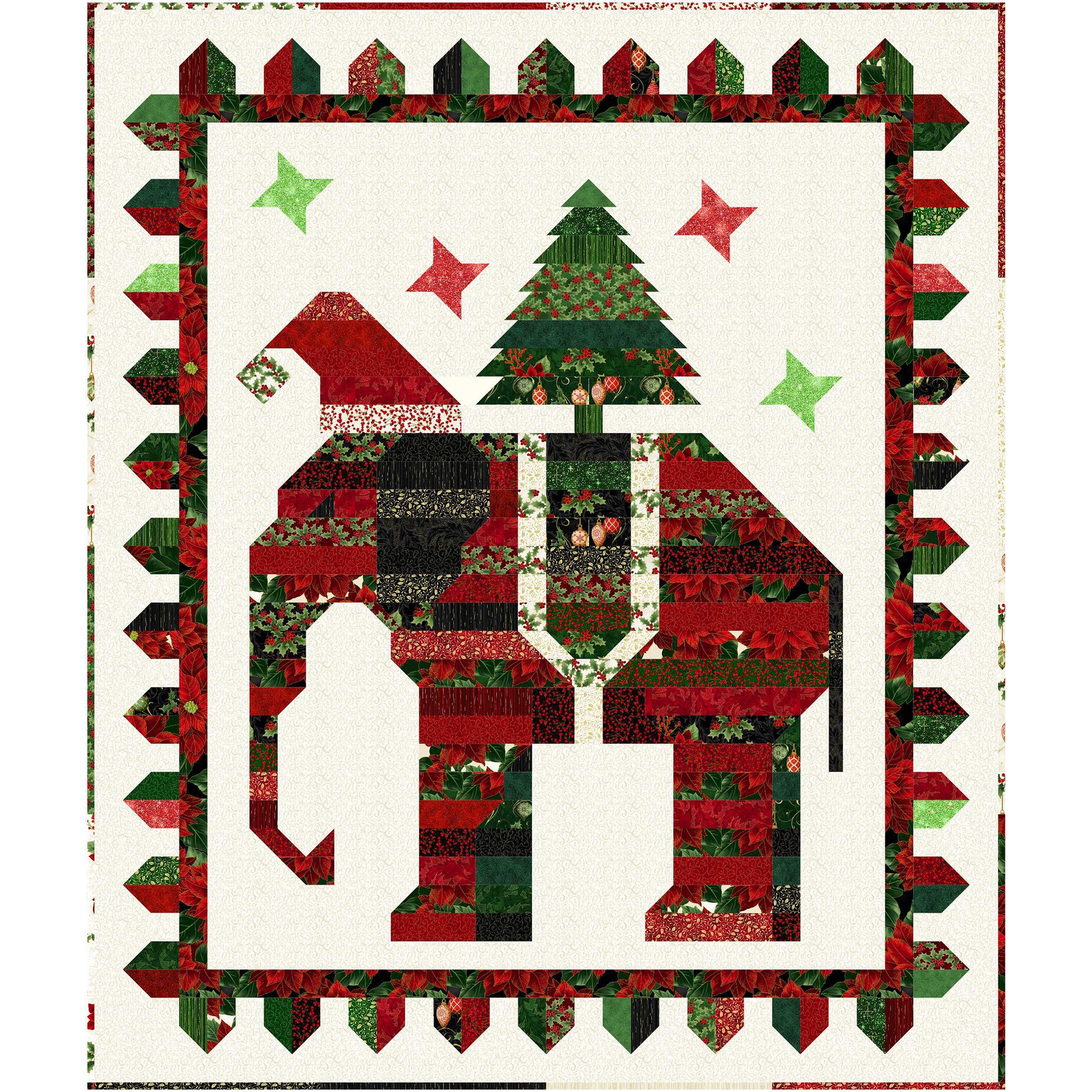 Poppa Elli is such a fun and festive quilt  featuring a Christmas striped elephant with a Santa hat and a festive tree on his back. The border is also Christmas fabric. 