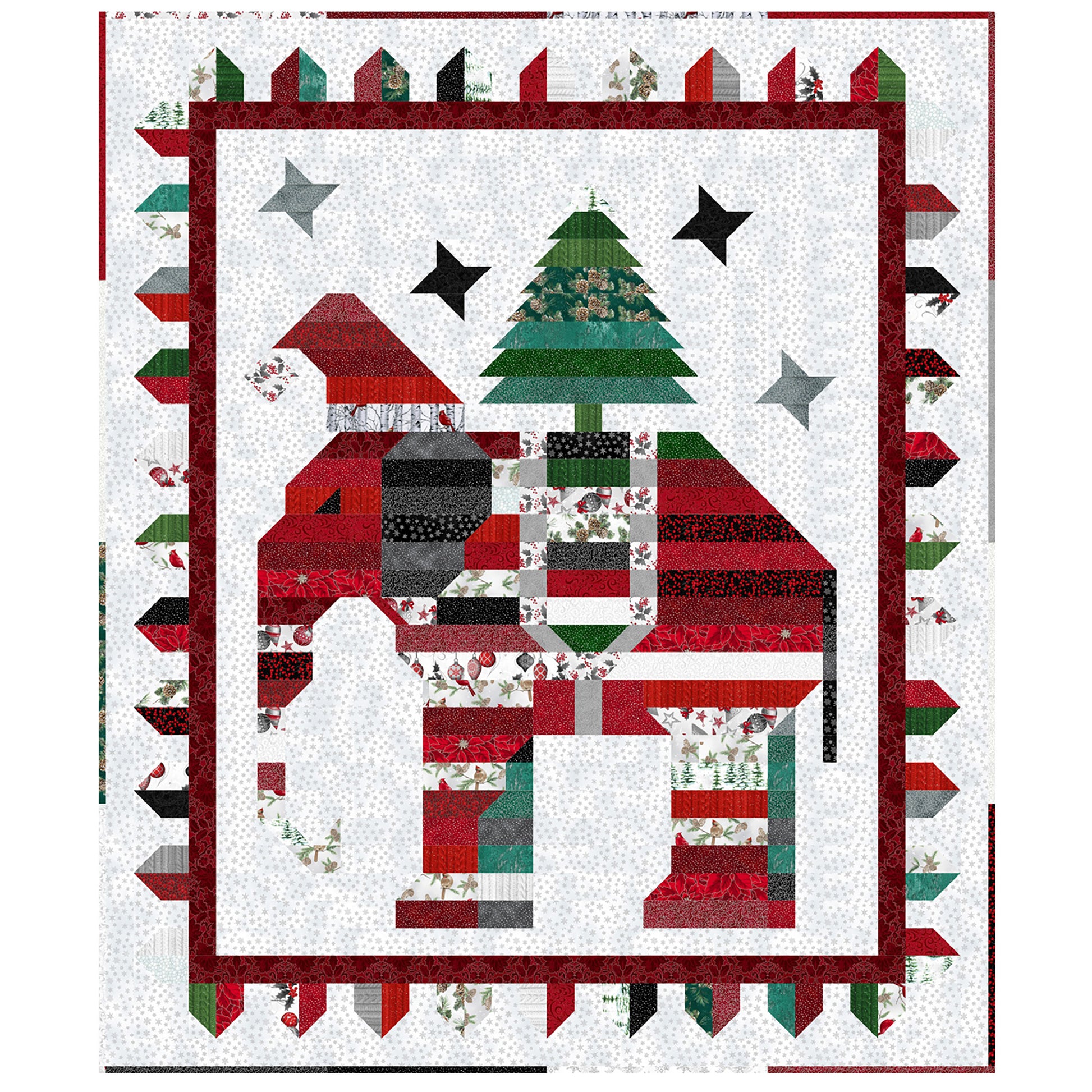 Poppa Elli is such a fun and festive quilt  featuring a Christmas striped elephant with a Santa hat and a festive tree on his back. The border is also Christmas fabric. 