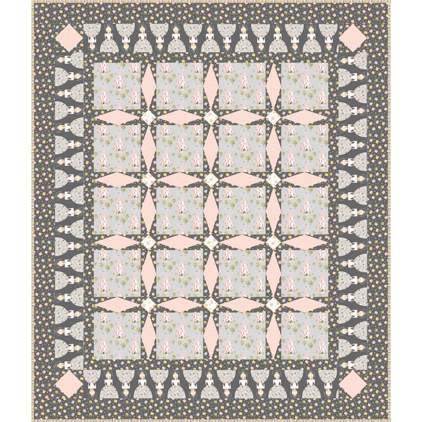 A quilt with alternating pink and gray squares, showcasing a beautiful blend of colors and patterns.