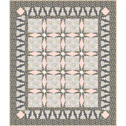 A quilt with alternating pink and gray squares, showcasing a beautiful blend of colors and patterns.