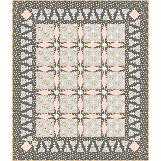 A quilt with alternating pink and gray squares, showcasing a beautiful blend of colors and patterns.