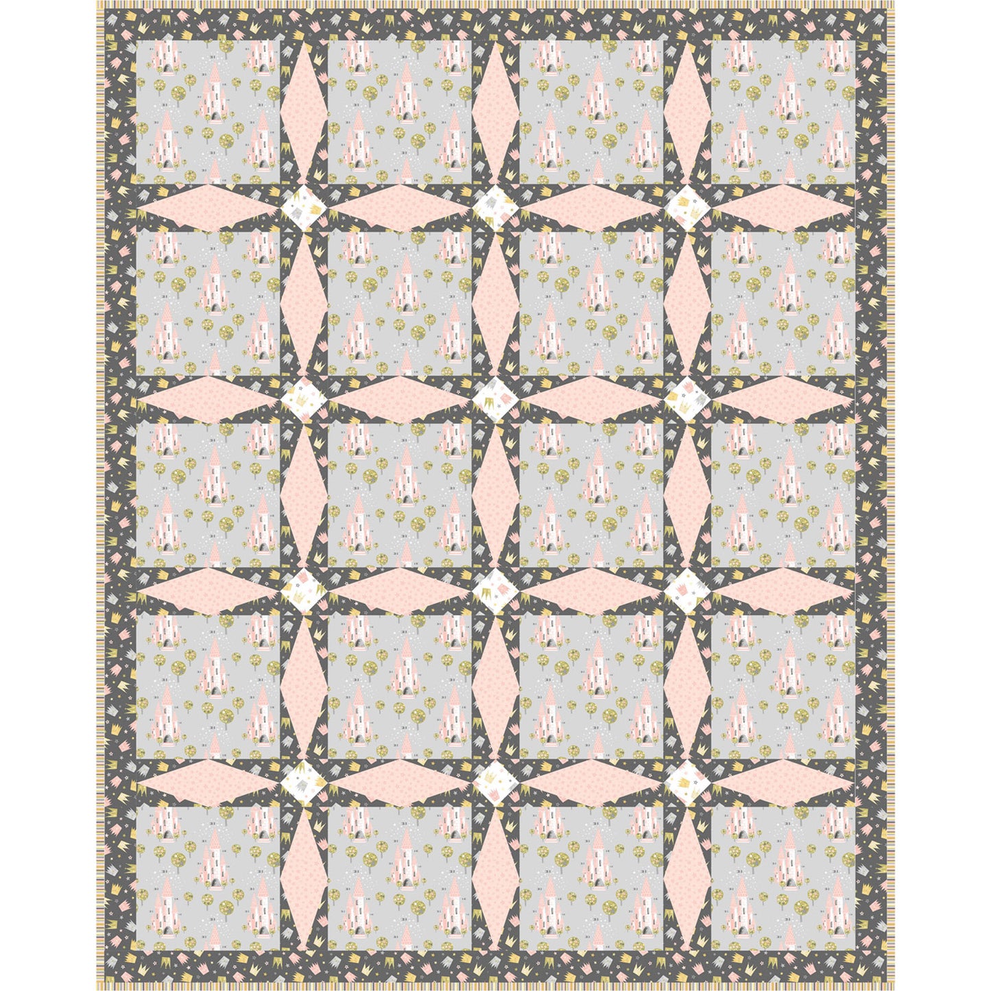 A quilt with alternating pink and gray squares, showcasing a beautiful blend of colors and patterns.