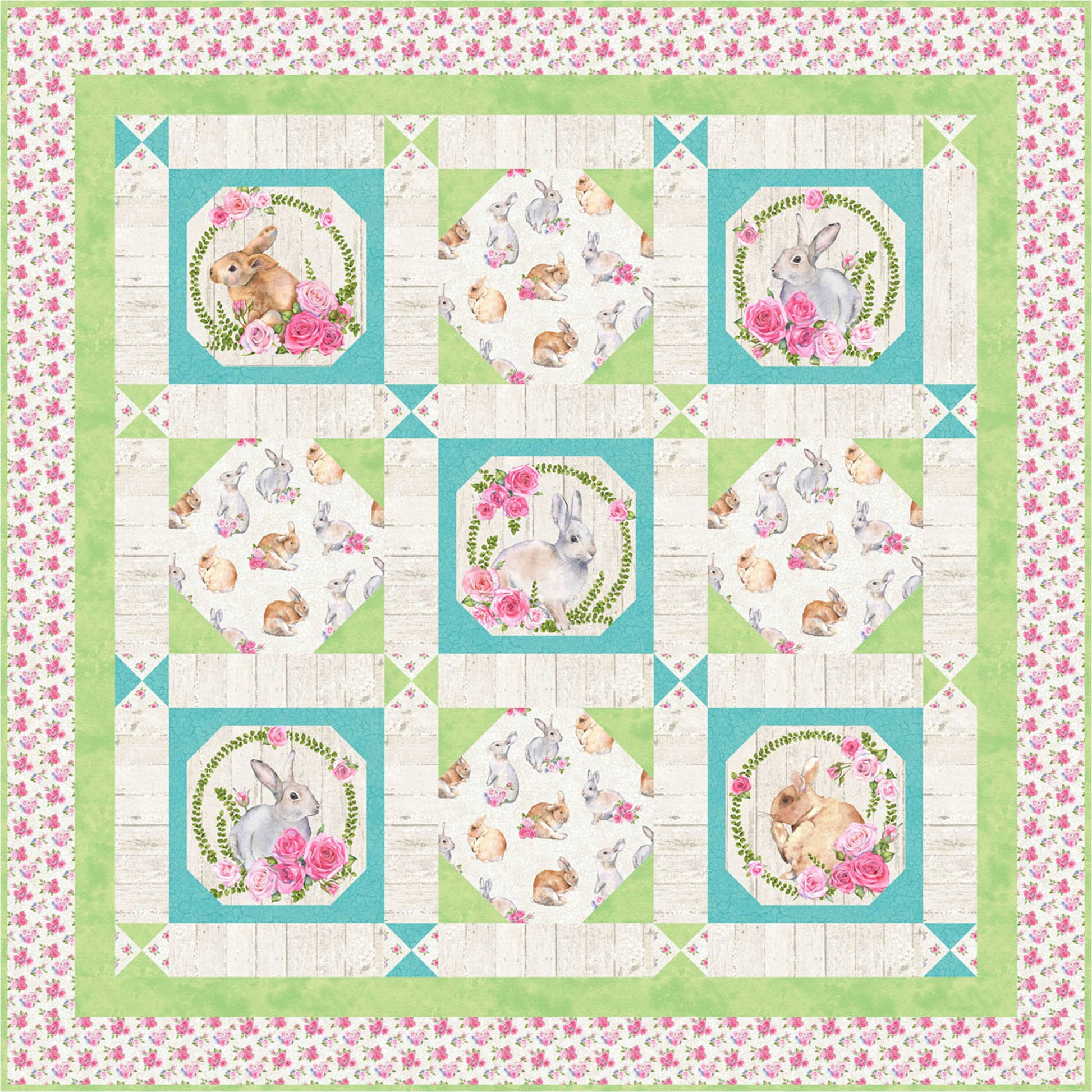 Colorful quilt featuring a cute bunny surrounded by vibrant flowers with frames in green and turquoise.