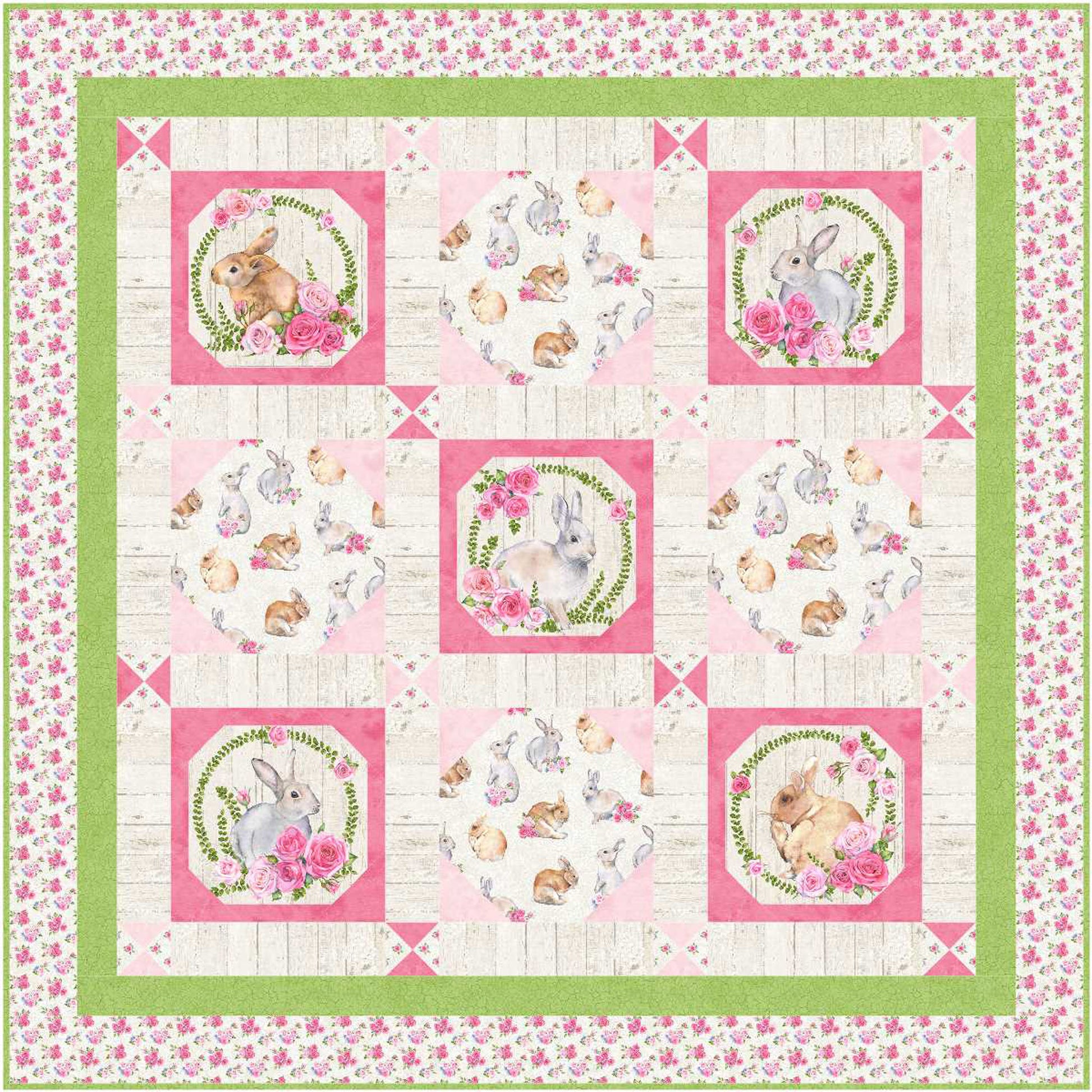 Colorful quilt featuring a cute bunny surrounded by vibrant flowers with frames in shades of pink.