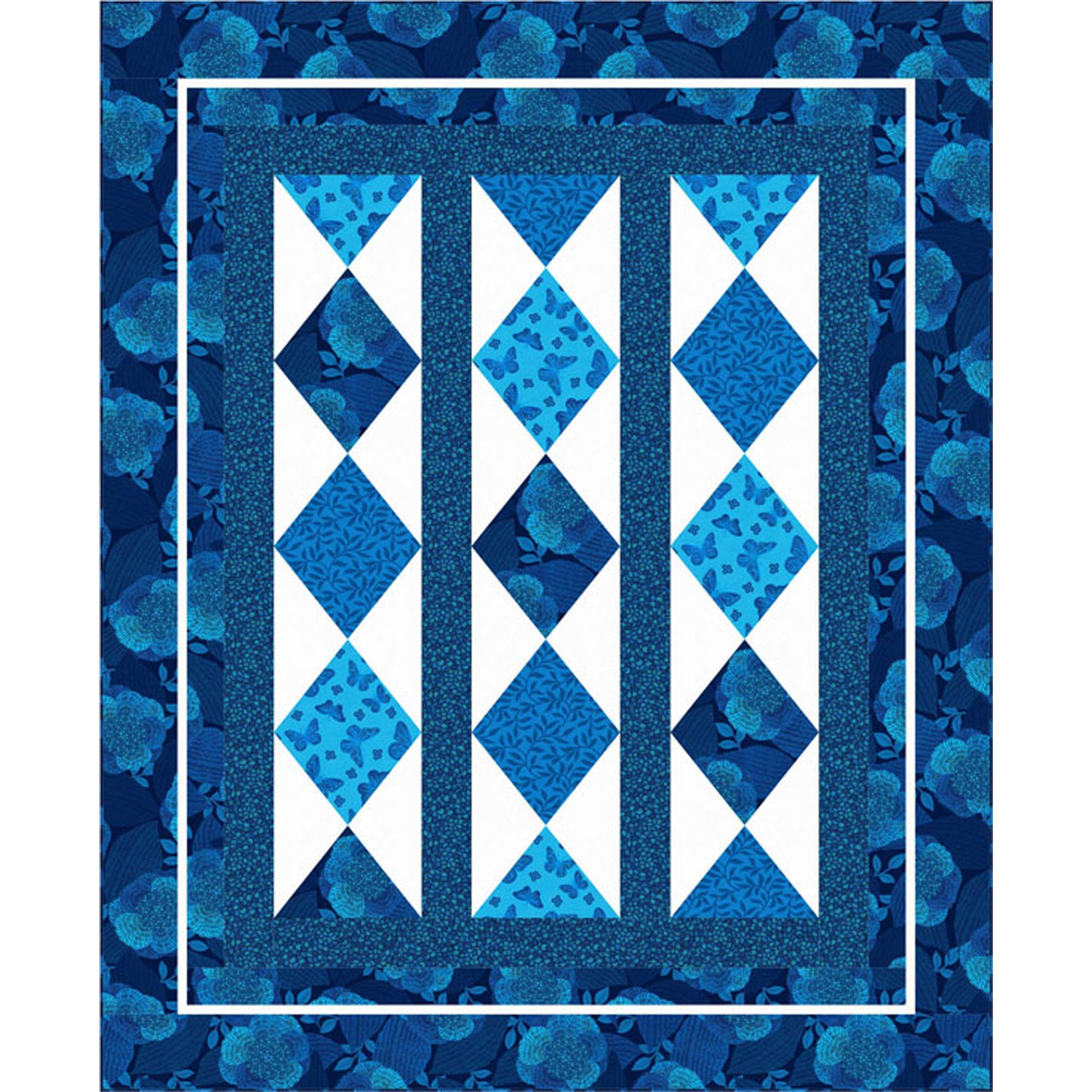 An elegant quilt featuring a diamond pattern in shades of blue and white.