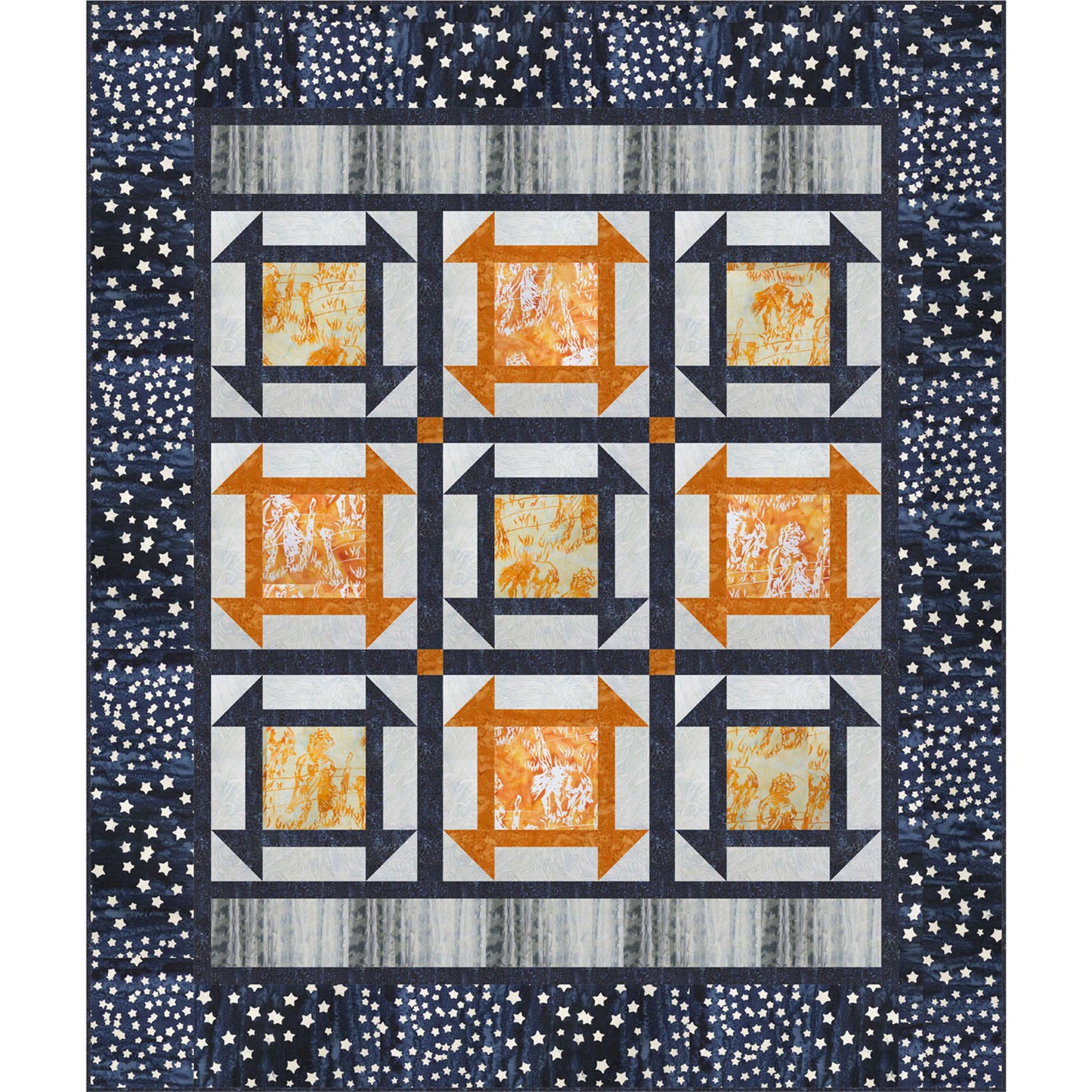 Dynamic orange and blue colored quilt with squre design with diamonds at the corners, sometimes called Greek squares, and pretty orange fabric in the middle and stars fabric bordering entire quilt.  Bright and happy quilt.