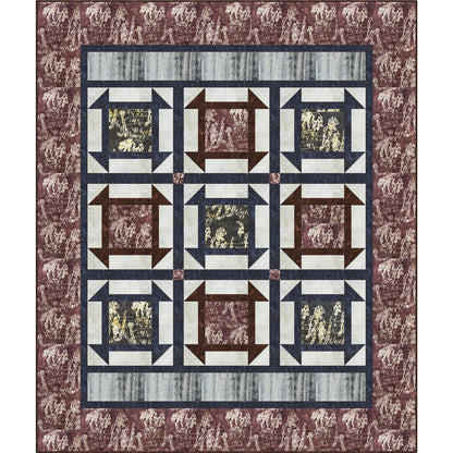 Patriotric red, blue, and white colored quilt with squre design with diamonds at the corners, sometimes called Greek squares.