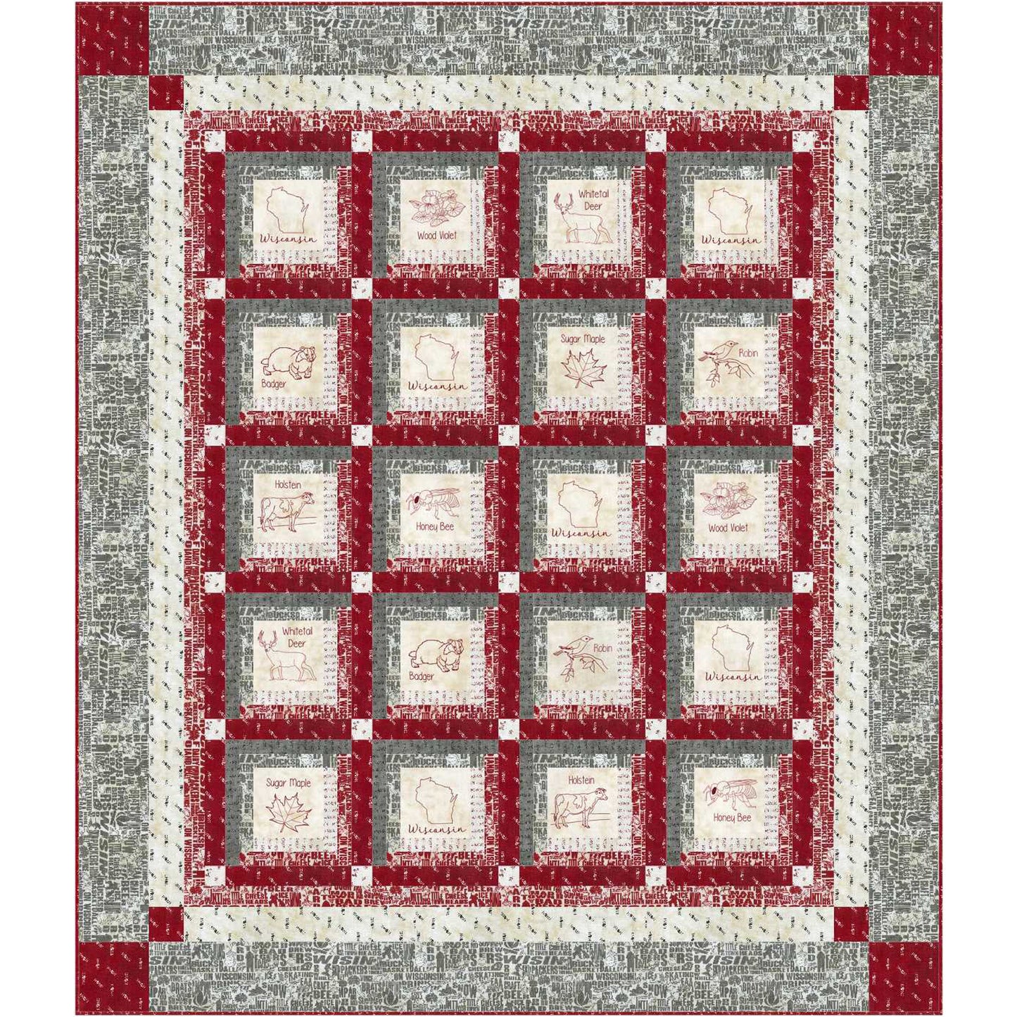 2019 Shop Hop quilt version showcases a beautiful and vibrant red and gry quilt with square pattern.  Inside each block is an embroidered design including animals, flowers and the state of Wisconsin.