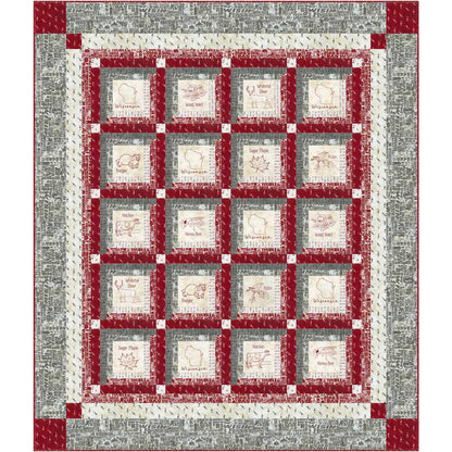 2019 Shop Hop quilt version showcases a beautiful and vibrant red and gry quilt with square pattern.  Inside each block is an embroidered design including animals, flowers and the state of Wisconsin.