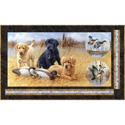 A charming quilt showcasing adorable hunting dogs with their ducks perfect for any hunter or sportsman. Perfect wall hanging size with a simple border.