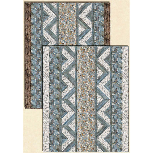 Image shows two quilts in similar style with slightly different neutral colored fabric used.  Each quilt features two rows, a zig-zag row, middle row, zig-zag row and then two more rows.