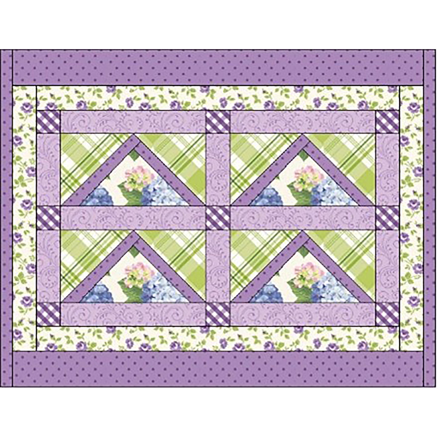 Pretty placemat showcases four flying geese blocks in a rectangle in spring colors and flowers print.