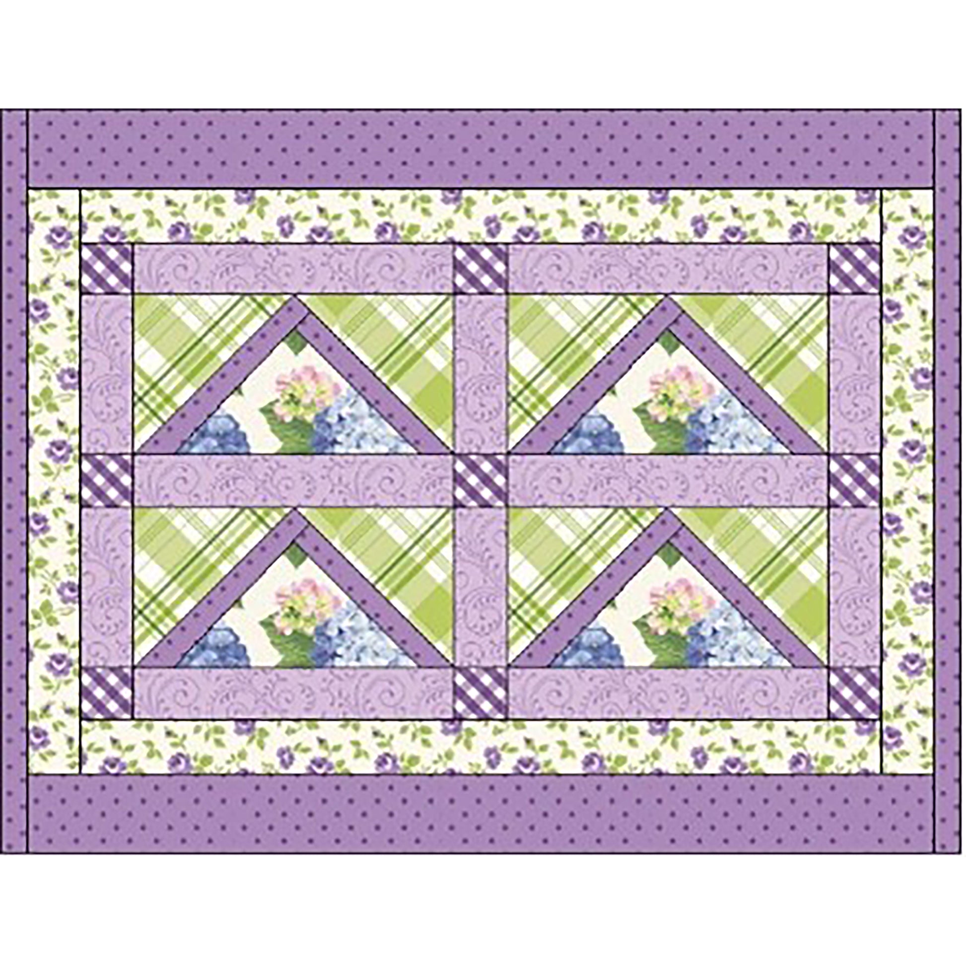 Pretty placemat showcases four flying geese blocks in a rectangle in spring colors and flowers print.
