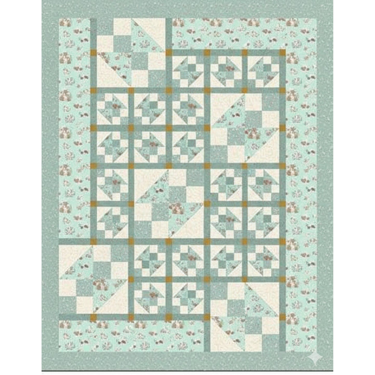 Quilt with geometric pattern on a light blue background