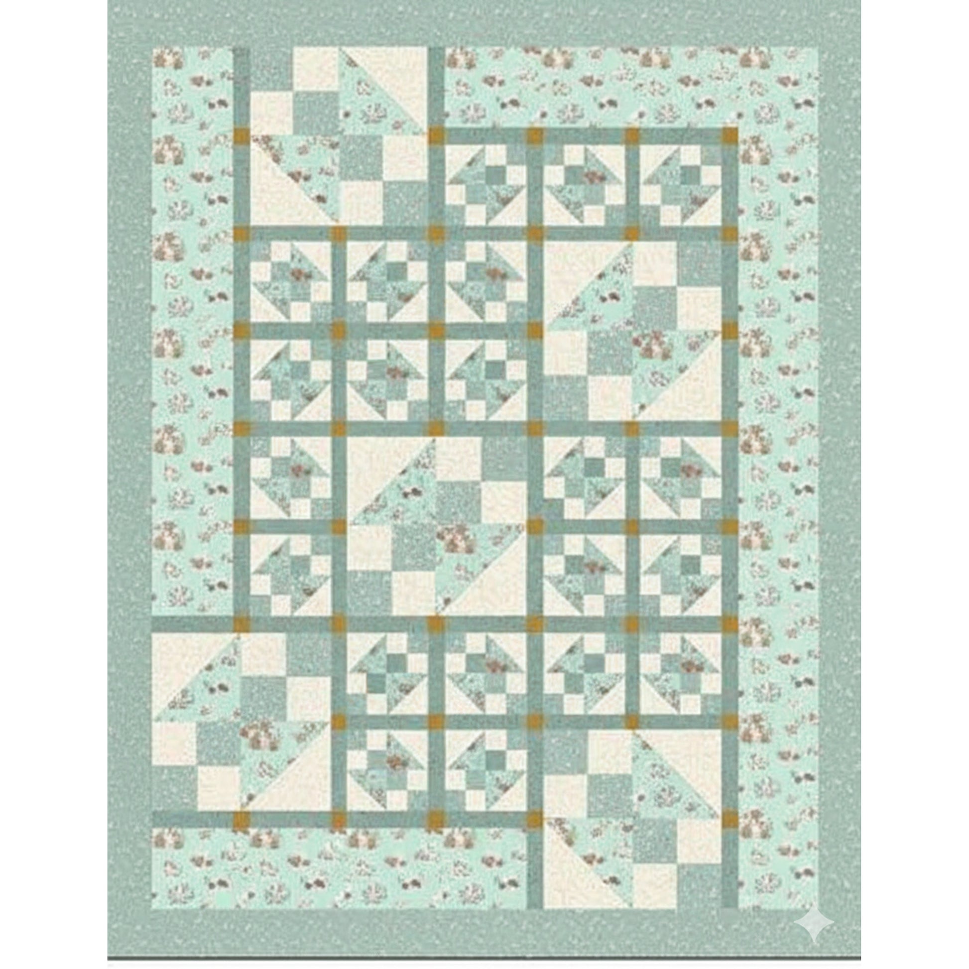Quilt with geometric pattern on a light blue background