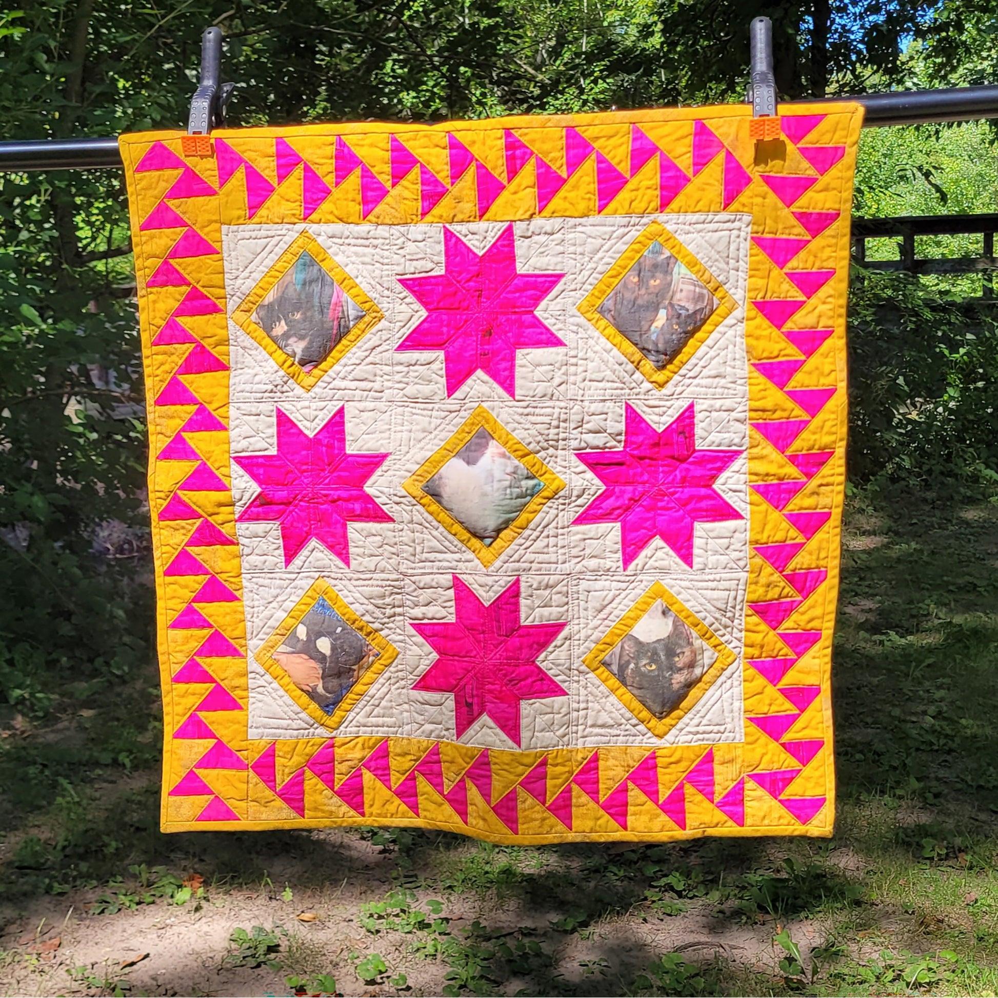 Beautiful and bright quilt features stars, and diamonds on point with your own photos and a migrating geese border.