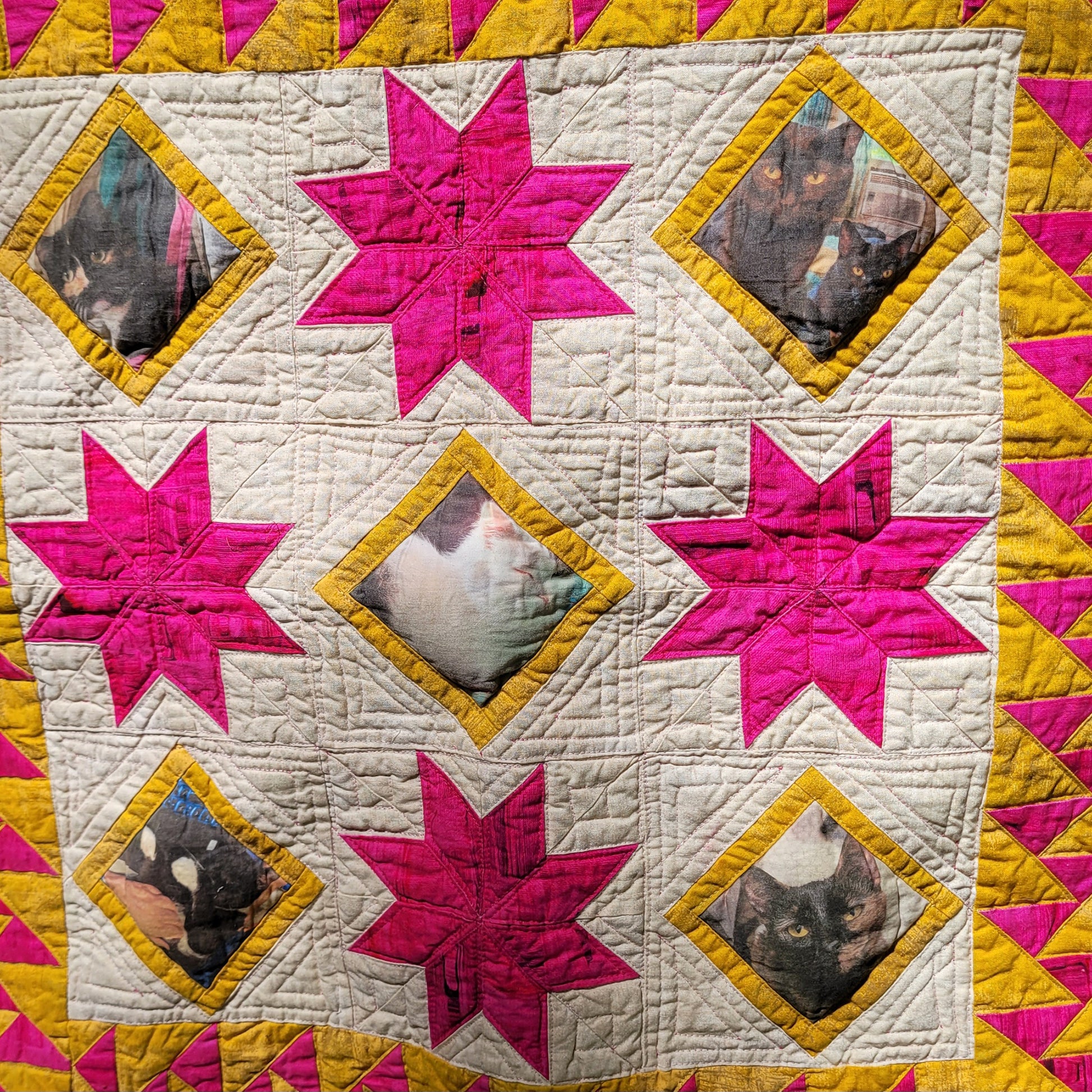 Close up of a beautiful and bright quilt features stars, and diamonds on point with your own photos and a migrating geese border.