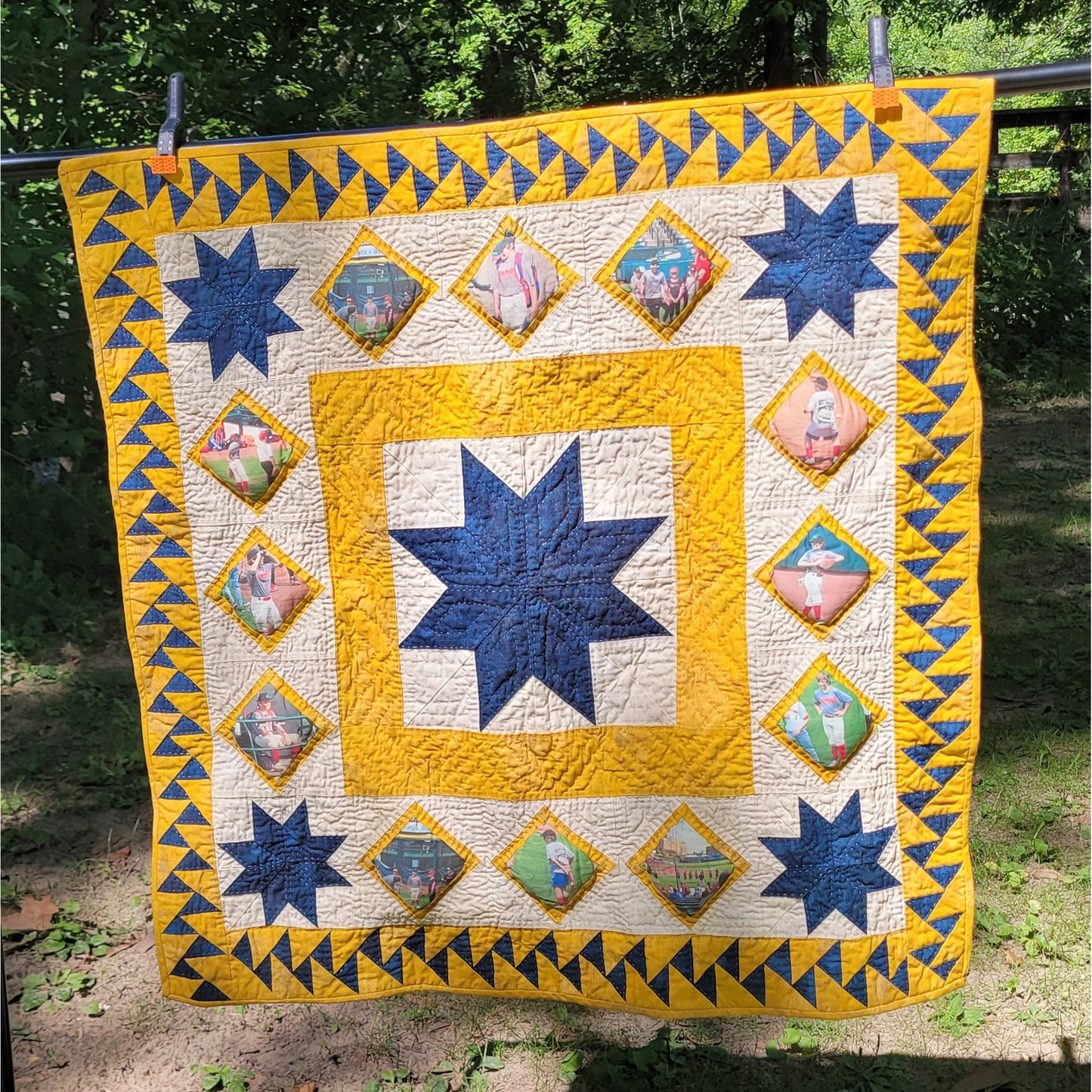 Beautiful and bright quilt features stars, and diamonds on point with your own photos, and a migrating geese border.