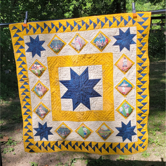 Beautiful and bright quilt features stars, and diamonds on point with your own photos, and a migrating geese border.