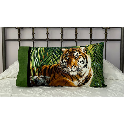 Pillow on a bed with pillowcase showcasing a majestic tiger in a jungle fabric.