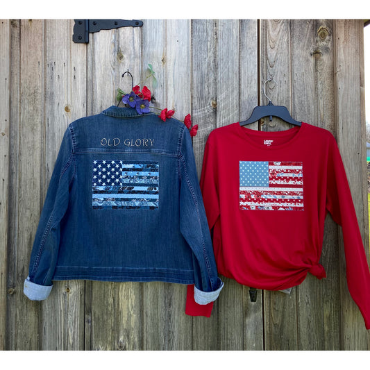 Jean jacket and red sweatshirt shown side-by-side with American Flags in blues on the jean jacket and reds and white on the red sweatshirt.