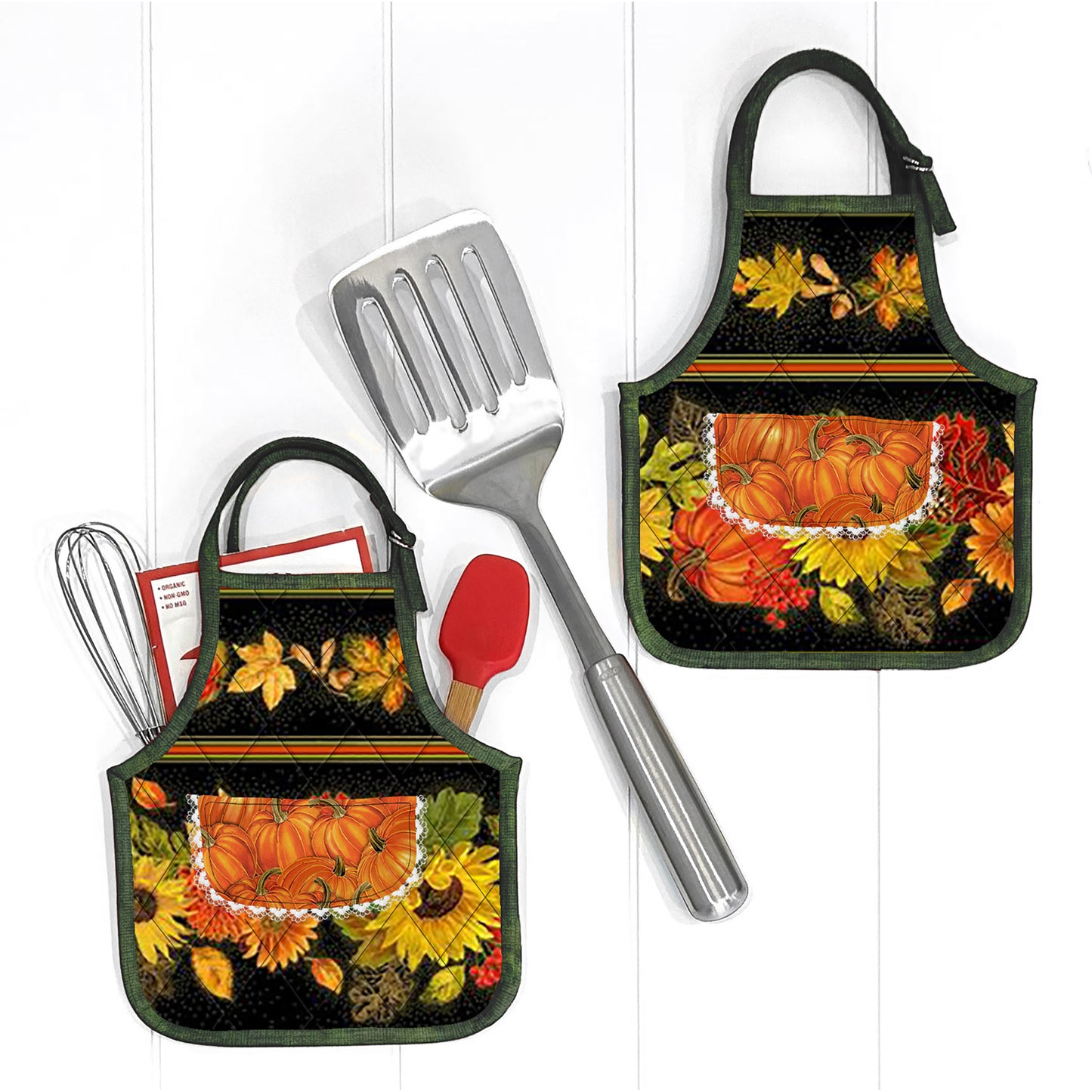 Cutest hot pads look like mini aprons!  Fall harvest fabrics used in image shown.