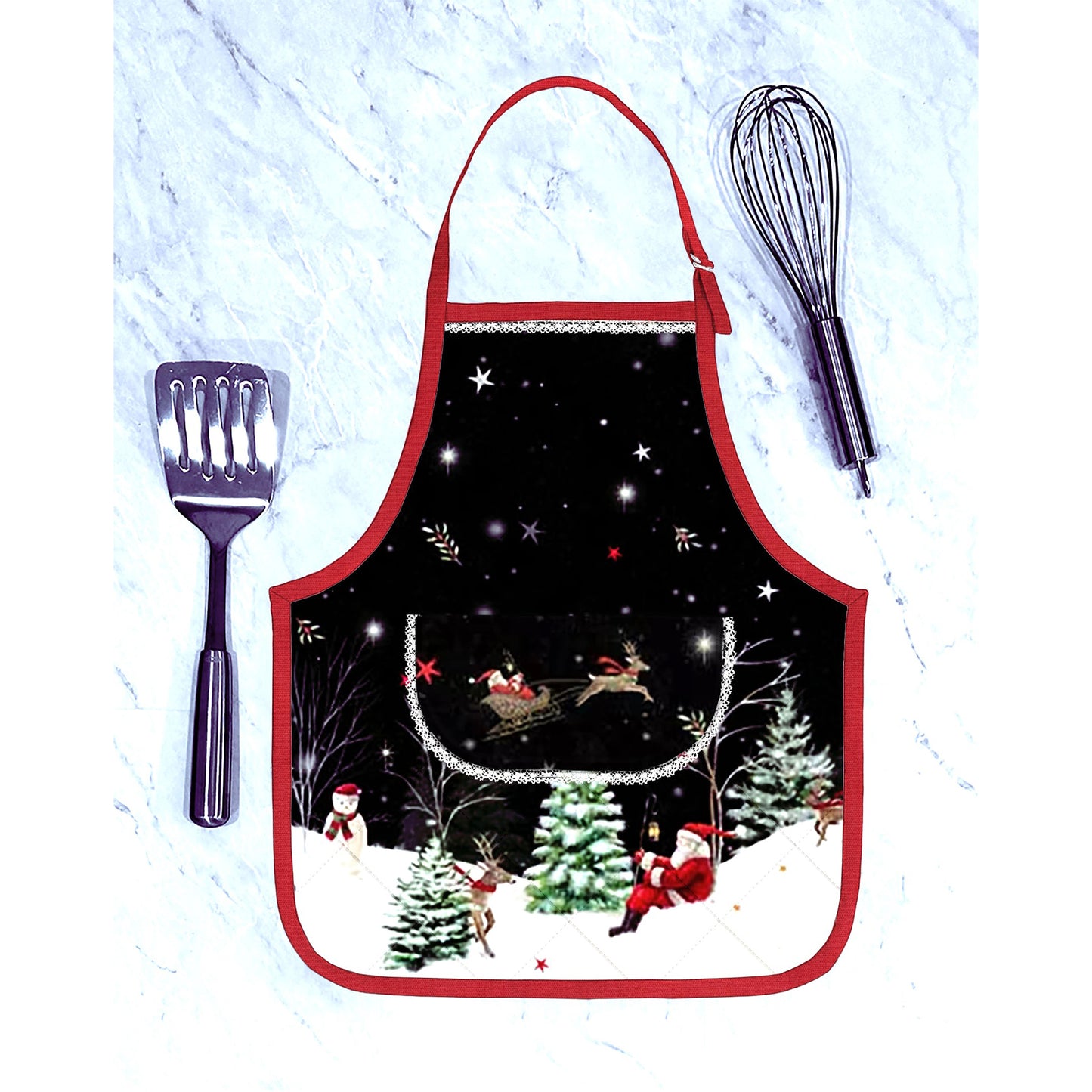 An adorable and festive apron shaped casserole hot pad featuring Santa in a snowy woods fabric.