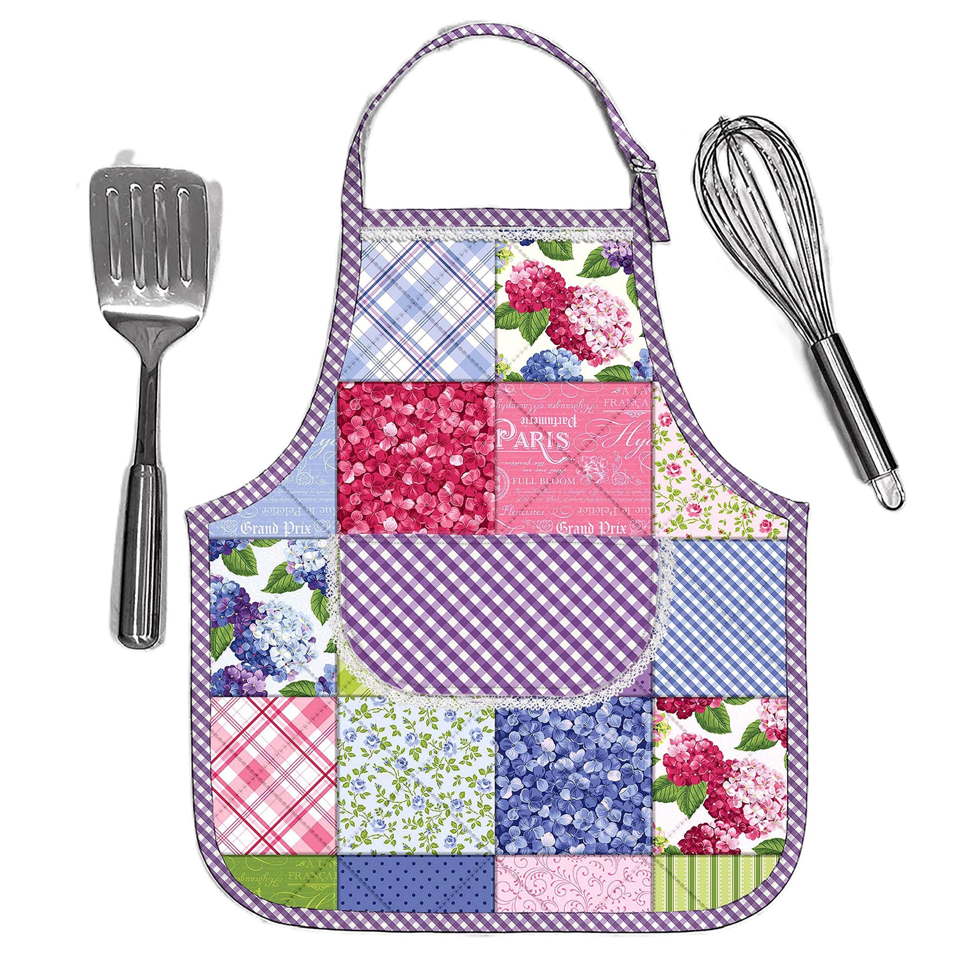 An adorable and festive apron shaped casserole hot pad featuring pastel fabrics, some with flowers.