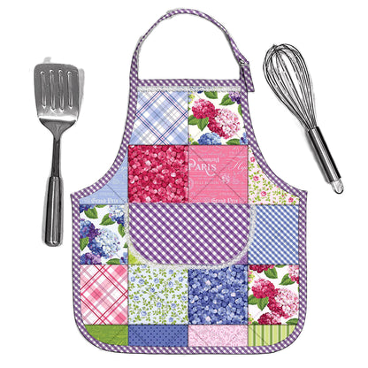 An adorable and festive apron shaped casserole hot pad featuring pastel fabrics, some with flowers.