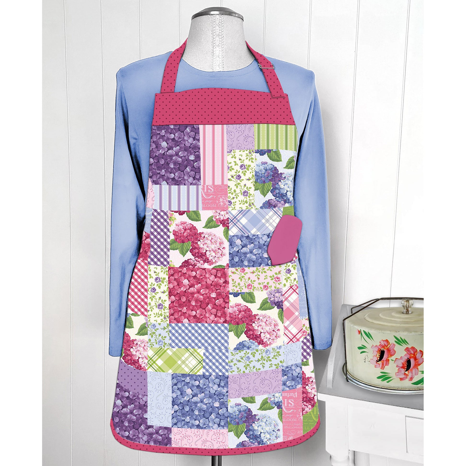 Fun charm pack apron showcasing floral prints.