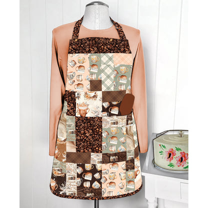 Fun charm pack apron showcasing fun coffee-themed prints.